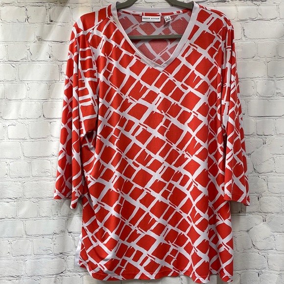 Susan Graver bright orange & white V neck stretchy 1x top - Picture 1 of 8